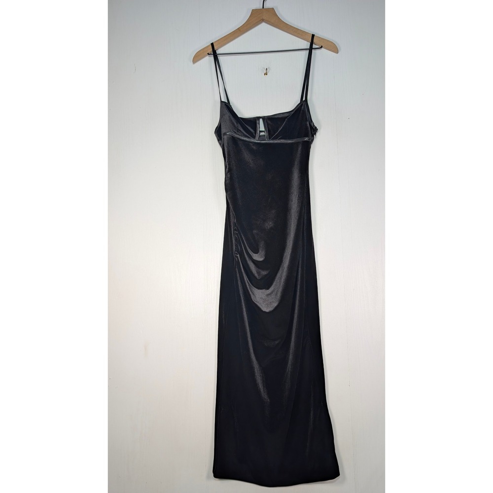 Zara Black Velvet Midi Dress Cutout Bust Side Ruched Bodycon Womens Size XS - Picture 2 of 11